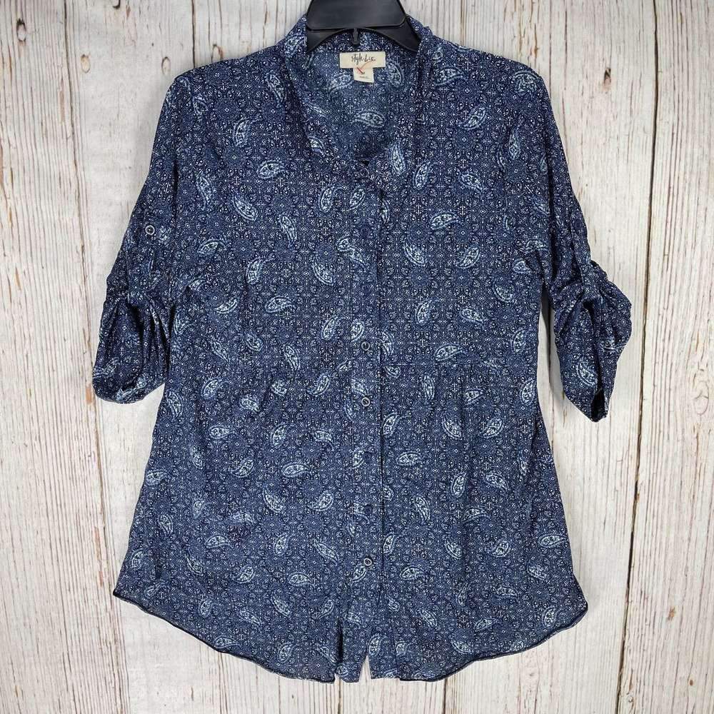 Style & Co. Navy Paisley Button-Front Blouse